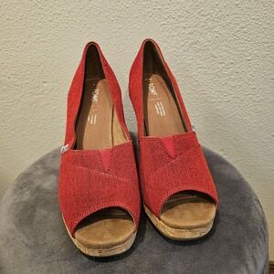 TOMS Women's RED Classic Cork‎ Wedge Heel Shoes Peep Toe Sandal US 10 EU 42